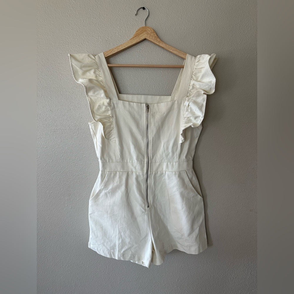 The Post Ruffle Cream Denim Shorts Romper Size M